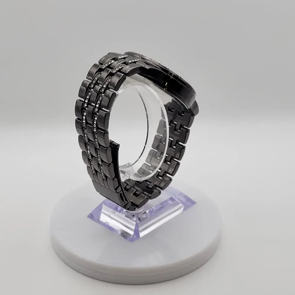 Mens Gunmetal Black Crystal Chronograph Style Quartz Watch Paved Bezel Bracelet